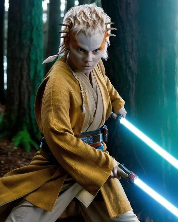 <lora:jecki_lora:0.8>jecki, female, alien, 1girl, solo, small horns on sides of head, no eyebrows, chalky white skin, orange stripe on temples, spots on skin, short blonde hair, single braid, padawan braid, action shot, fighting, motion blur, <lora:lightsaber_v2:0.91>, light_saber, holding weapon, wearing jedi robes, wearing leather belt, front view, wide shot, dafne keen, dark forest background