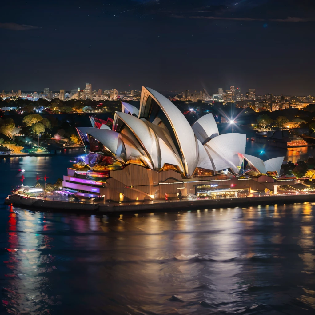 ((masterpiece,best quality)), absurdres,  BREAK,    <lora:Sydney_Opera_House:0.8>, high resolution, highly detailed,  Sydney Opera House, sky, water, tree, night, night sky, reflection, city, cityscape,