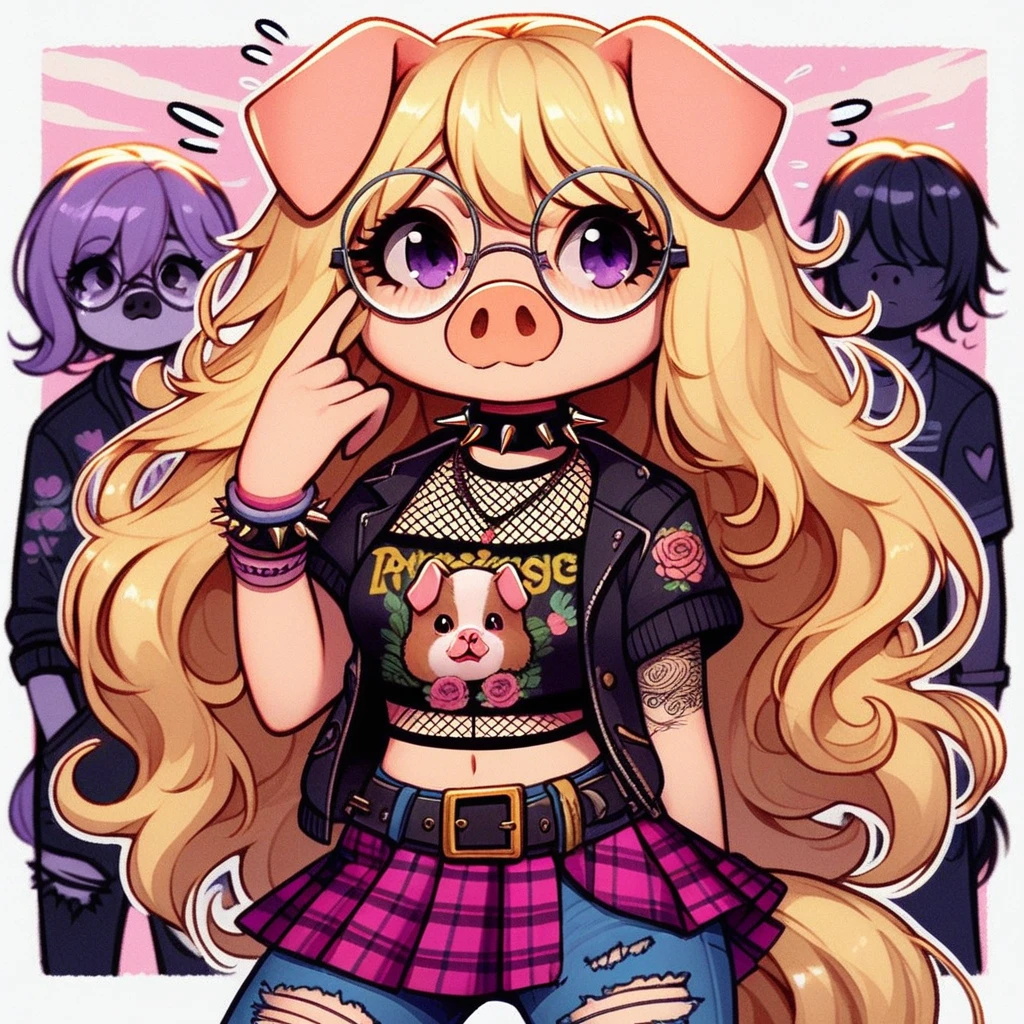 plaid, closed mouth, beth, hair between eyes, torn jeans, very long hair, blonde hair, pleated skirt, tattoo, horse ears, sneakers, furry female, fishnets, necklace, denim shorts, purple eyes, sweater, multiple boys, short sleeves, spiked collar, flying sweatdrops, black jacket, black footwear, round eyewear, cowboy shot, bracelet, hand up, navel, belt buckle, 1girl, wariza, fishnet top, flower, striped, dog ears