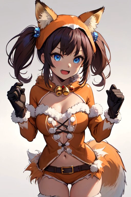 fox costume, hands up, fox girl, cowboy shot, gloves, twintails, bell, jingle bell, navel, collarbone, fang, <lora:2dc013dd-fe81-43c2-be22-859354060e23:0.7>