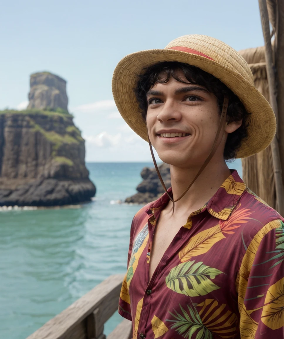 cinematic photo  <lora:quiron_inakigodoyluffy_v010330_Lora:0.87> inakigodoyLuffyQuiron, black hair, hat, realistic, straw hat, solo, male focus, 1boy, looking at viewer, black eyes,   laughing , smiling  , happy,  hawaiian shirt , photorealistic, best quality, ,  vivid colors, high quality, masterpiece, best quality . 35mm photograph, film, bokeh, professional, 4k, highly detailed