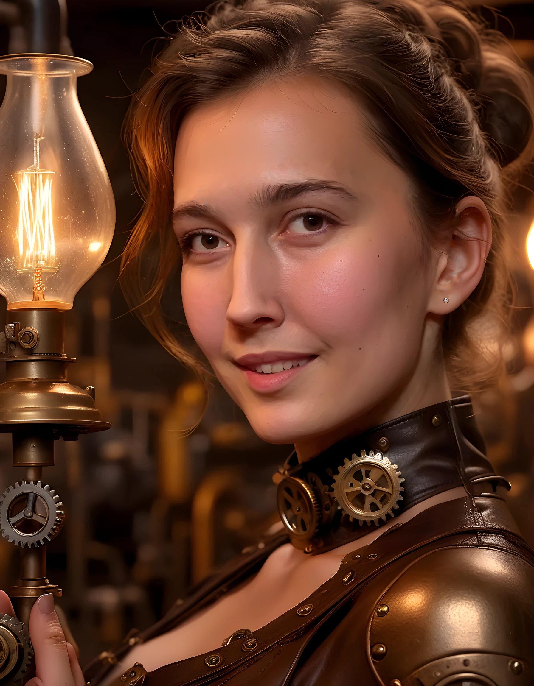 W15HUD1, In a steampunk-inspired setting, a captivating woman with brown hair and warm brown eyes adorned in an intricately detailed, brass-and-leather outfit, complete with gears and cogs, stands against the backdrop of a dimly lit, steam-filled factory. Her lips curved into a radiant smile, she gazes directly at the viewer, her gaze softened by the warm glow emanating from an oil lamp in the foreground. The image is captured in a close-up shot from below, highlighting a small mole near her left eye, adding a touch of vulnerability to her otherwise strong and formidable appearance.