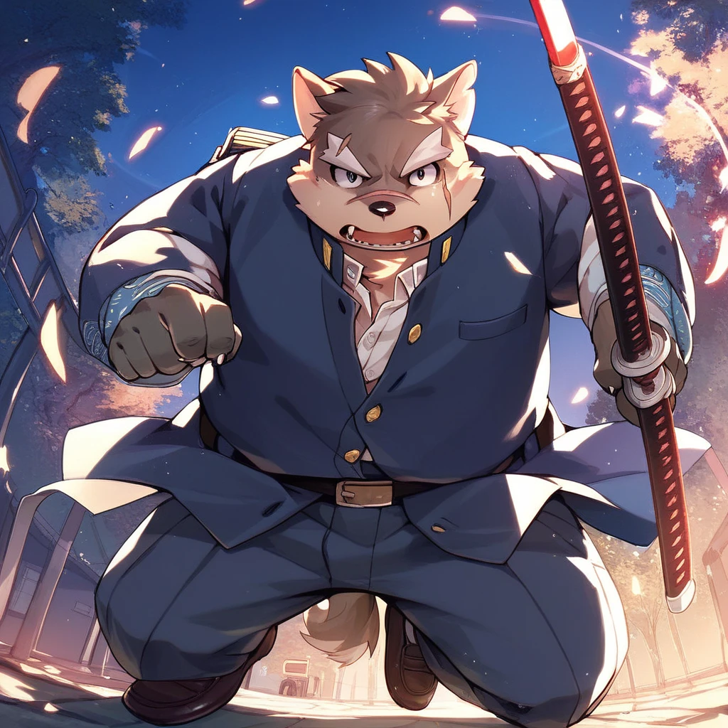 score_9, score_8_up, score_7_up, score_6_up, score_5_up, score_4_up, moritaka, anthro, dog, chubby, fat, grey and beige fur, scars, school uniform, action pose, holding katana, holding sword, night scenery, school background, looking at viewer, serious face,