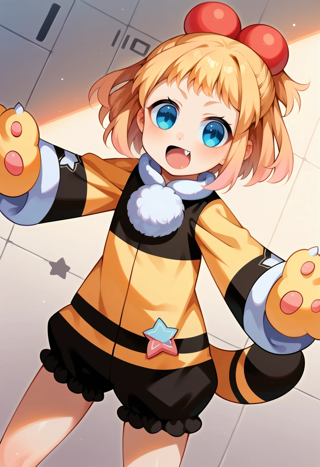 score_9, score_7_up, hd, (ultra hd quality details), source_anime, indoors,
solo, 1girl, pishdef, ponytail, fang,
pshjacket, yellow jacket, hair bobbles, long sleeves, wide sleeves, star \(symbol\), animal hands, paw gloves, puffy shorts, black shorts, tail,
looking at viewer, smile, open mouth,
standing, spread arms, dutch angle, 
<lora:_peashy_nep-elesico-ponyr1-e10:1>