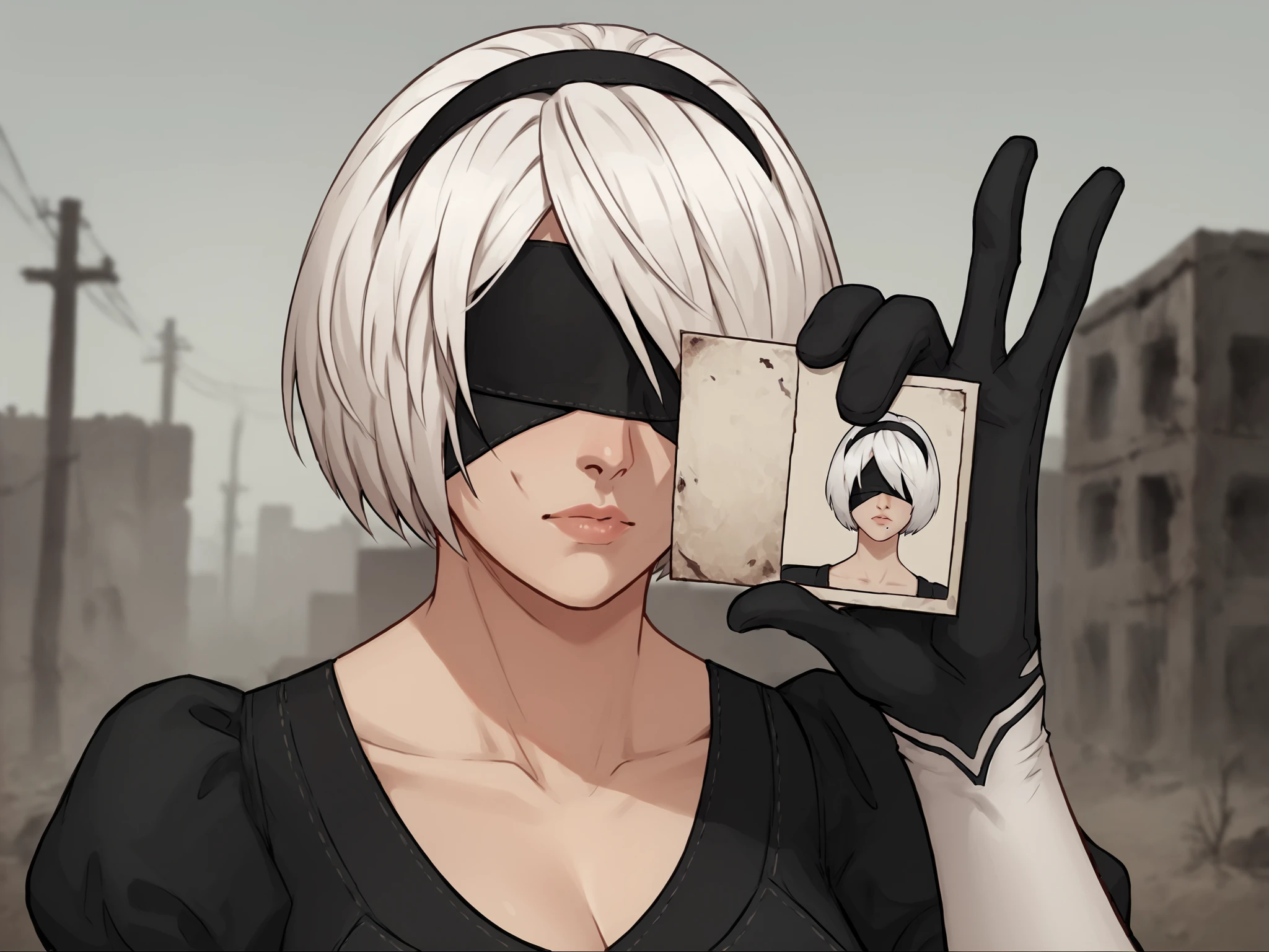 score_9, score_8_up, score_7_up, score_6_up, score_5_up, score_4_up, outside, wasteland, ruins BREAK
<lora:KronkPermit-000006:0.9> holding permit, yorha 2b, female, white hair, short hair, black blindfold, black dress, neutral expression, emotionless, black gloves