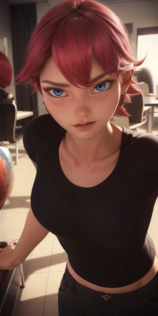 Hyperrealistic, photorealistic, highly detailed, body like in real life, perfect face, black T-shirt, black trousers, expressive brilliant cerulean eyes, short hight, red hair, fifteen years old, very little very flat breasts, octane render, unreal engine, highly detailed photorealistic background, droped shadow, bokeh, cinematic lighting, unreal engine, octane render, <lora:add_detail:0.5>, <lora:Volumetric_lighting:0.6>, Kubdel, Alix, , <lora:b5a1a206-402a-4cd9-b015-27a99c92ff02:0.7>