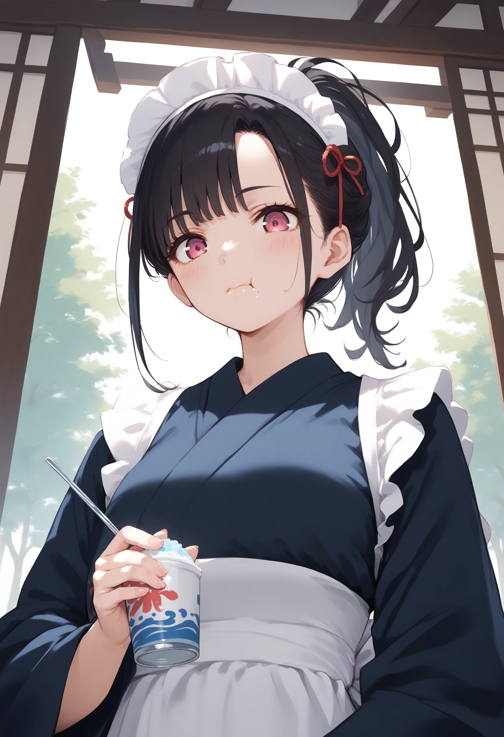 score_9, score_8_up, score_7_up, source_anime,
1girl,solo,medium breasts, maid, maid headdress,
shaved ice,<lora:shavedice_Pony_v1:0.8>
holding drinking straw, spoon straw, eating,
from below, upper body, looking down, black hair, pink eyes,kubrick stare, japanese arch, closed mouth, ponytail hair,,