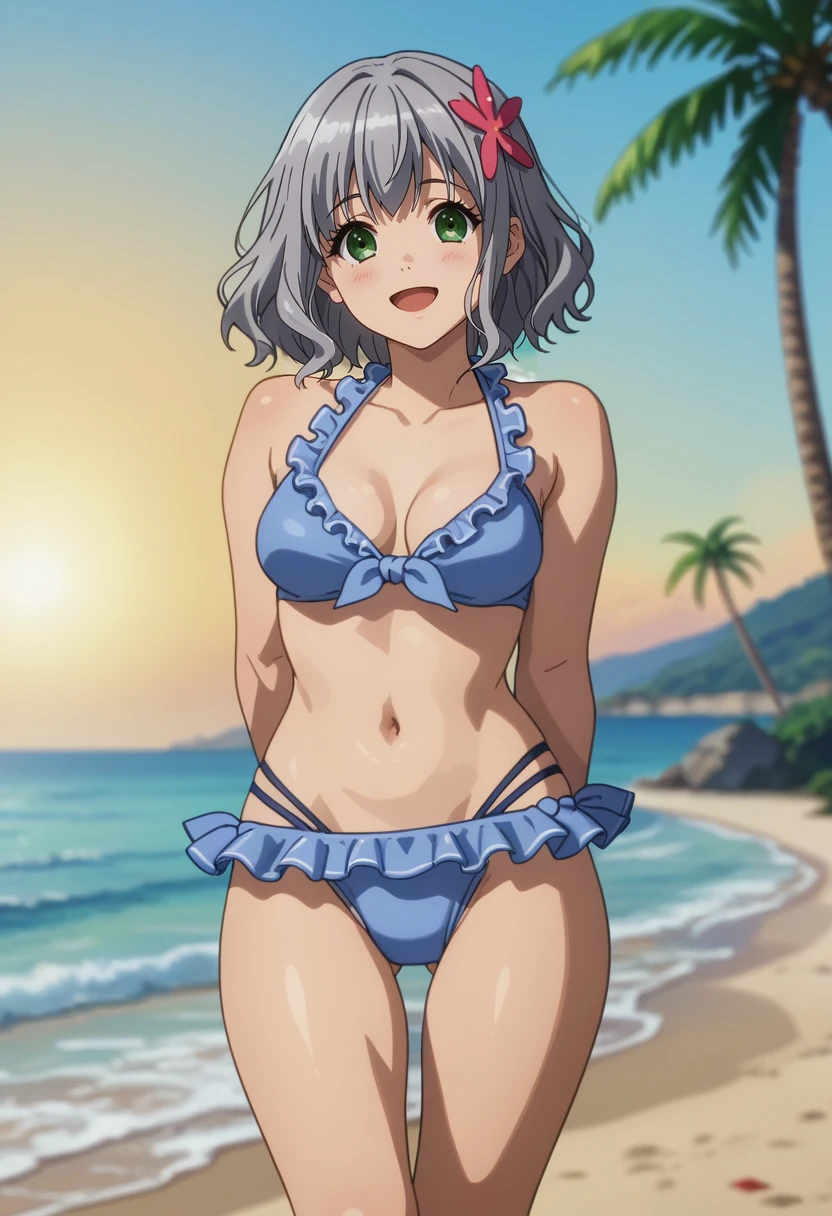 High level image quality best image quality 8K adult woman pool party palm trees more colors whole body view portrait blue bikini horn ears short hair((shortcut)(gray hair)(perm)(fluffy)) eye color is blue , pink sunglasses , attractive evil face , smile , sexy pose , labrynth , barearm , wearing pink shirt , sitting by the pool , crossed legs , all wet , wet hair , view from below