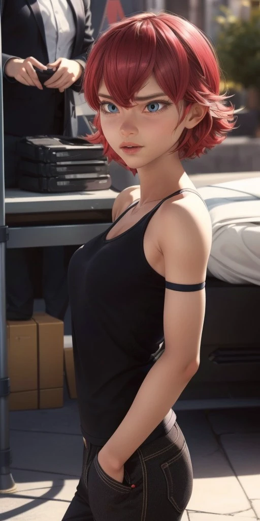 Hyperrealistic, photorealistic, highly detailed, body like in real life, perfect face, black T-shirt, black trousers, expressive brilliant cerulean eyes, short hight, red hair, fifteen years old, very little very flat breasts, octane render, unreal engine, highly detailed photorealistic background, droped shadow, bokeh, cinematic lighting, unreal engine, octane render, <lora:add_detail:0.5>, <lora:Volumetric_lighting:0.6>, Kubdel, Alix, , <lora:b5a1a206-402a-4cd9-b015-27a99c92ff02:0.7>