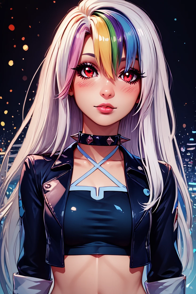 score_9, score_8_up, score_8, medium breasts, (curvy), cute, eyelashes,       BREAK, , <lora:RoxyCitronOCPDXL_v2:0.8>,  Roxy_Citron_OC,  1girl, solo, red eyes, white hair, rainbow hair, long hair, streaked hair, hair between eyes, open jacket, black jacket, midriff, crop top, cropped jacket, belt, criss-cross halter, shorts, shirt, choker, black thighhighs,, BREAK,  (ultra realistic,32k, masterpiece:1.2),(high detailed skin:1.1),( high quality:1.1), curvy, head tilt, hearts, blush, lips, curvy, head tilt, shiny clothes, (upper body), looking at viewer, bokeh, luminescent background,  embedding:zPDXL, Expressiveh,  <lora:RlAnmPDXL:1.0>,