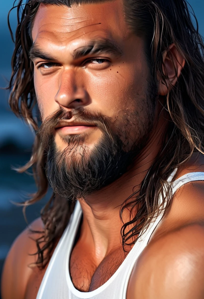 momoapny, score_9, score_8_up, score_7_up, score_6_up, score_5_up, score_4_up, gay, rating_explicit, gay, 1boy, solo, manly, macho, masculine, BREAK,(close-up, portrait:1.5), long hair, beard,  barefoot, walking towards viewer, tanktop, baggy jeans, night, at the beach, 