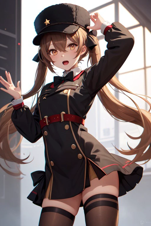 russian clothes, hair between eyes, thighhighs, black headwear, brown hair, bow, open mouth, star (symbol), black bow, brown eyes, twintails, <lora:2673a90c-6c8e-4038-9103-84739bd0bb8e:0.7>