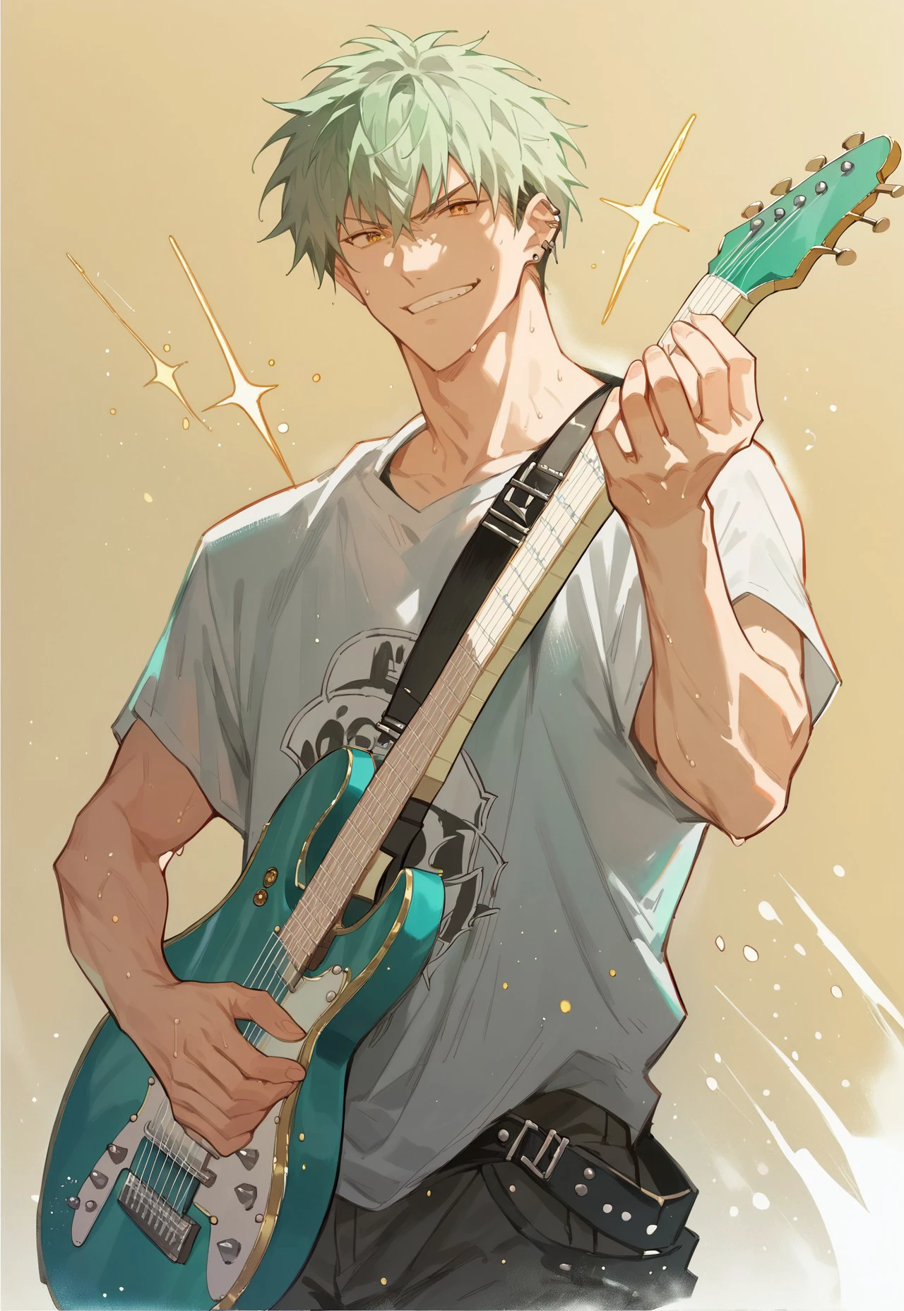 score_9, score_8_up, score_7_up, yoshida yuki, 1boy, solo, light green hair, amber eyes, ear piercing, toned body, playing_instrument, smirk, looking at viewer, sweat, sweat particles, dynamic pose, electric_guitar, cowboy shot, simple background, art by n0l4nd