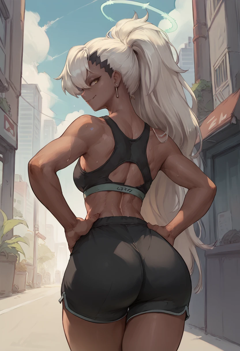 score_9, score_8_up, score_7_up, from behind, solo, 1girl, bahaine, dark skin, sweat, smirk, looking back, hands on own hips, ponytail, halo, black sports bra, black shorts, short shorts, earrings, ass, outdoors, city street <lora:ba_haine_ponyXL-000017:1>