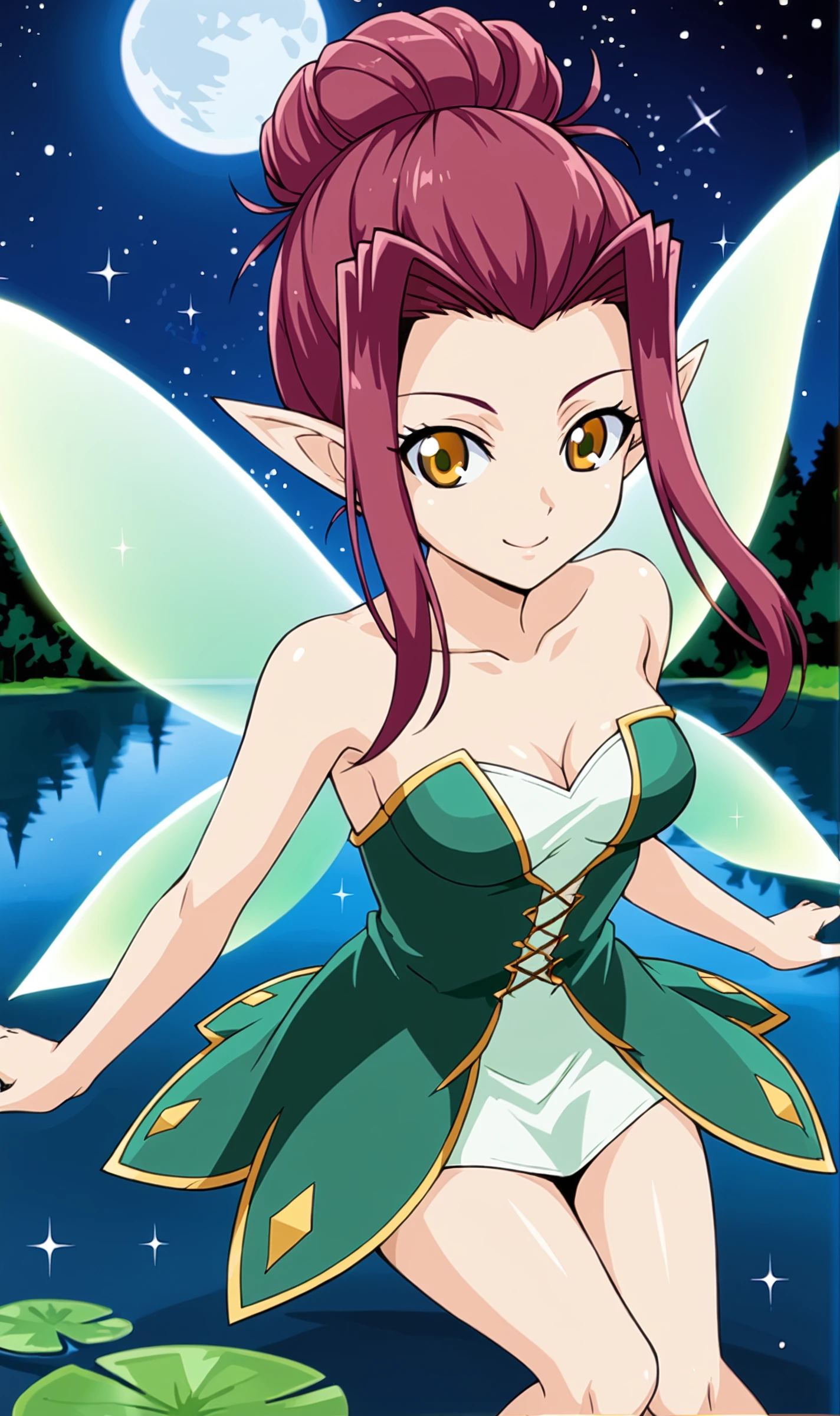 AI, 1girl, solo, red hair, hair bun, brown eyes, green strapless fairy short dress, pointy ears, legs, sparkle, sparkling, fairy wings, floating, knees together, above lake, moon shining, night, stars, smile, <lora:Akiza Izinski Pony XL:0.7>