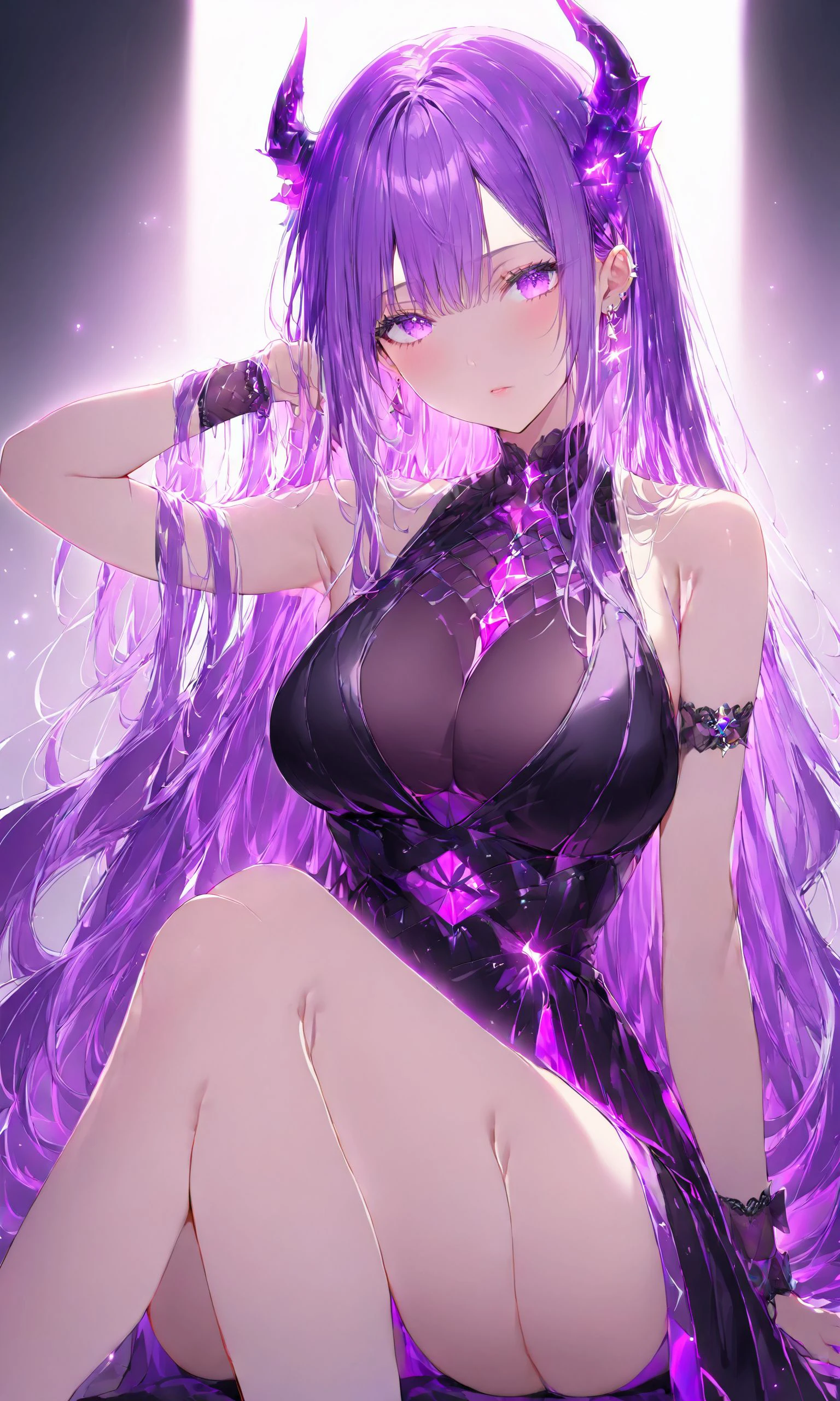 1girl, solo, long hair, breasts, looking at viewer, bangs, large breasts, dress, bare shoulders, jewelry, sitting, very long hair, purple eyes, purple hair, thighs, earrings, horns, sleeveless, black dress, arm up, wrist cuffs
,masterpiece, best quality, score_9, score_8_up, score_7_up, ultra-detailed, Best-A, Medium-B, Low-C, Bad-D,   <lora:Poutlines:0.8>