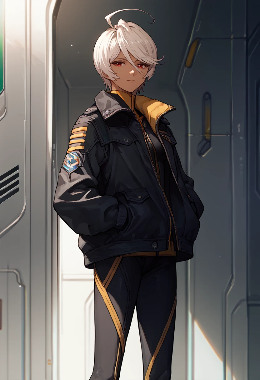 score_9, score_8_up, score_7_up, source_anime, solo, 1girl, yamamoto akira, dark skin, light smile, looking at viewer, standing, hands in pockets, white hair, ahoge, black jacket, bomber jacket, open jacket, black bodysuit, indoors, spacecraft interior <lora:spacebattleship_yamamoto_ponyXL:1>