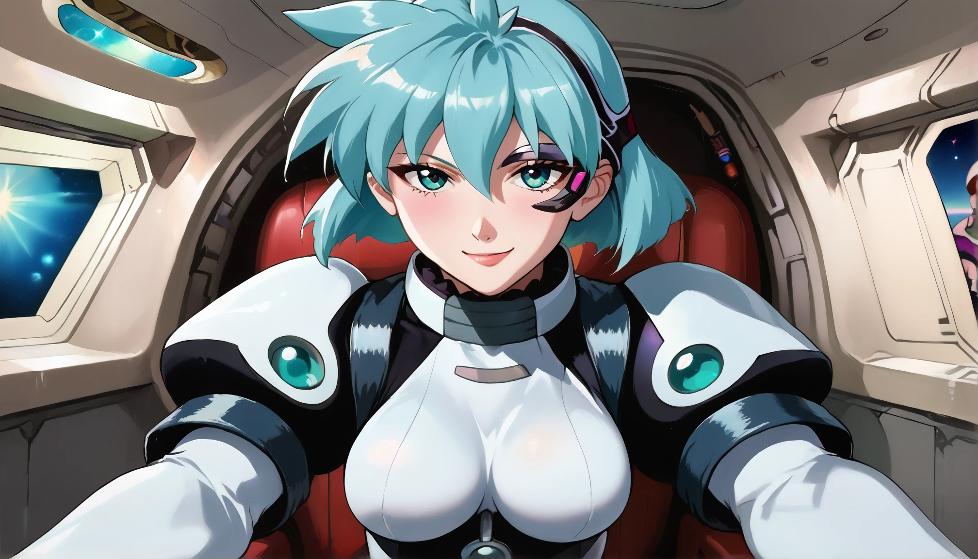 score_9_up, source_anime, meia_gisborn, norman rockwell style, 1girl, solo, breasts, looking at viewer, smile, aqua hair, turquoise eyes, eyepiece,short hair,bangs,, white gloves, bodysuit. indoors. space.