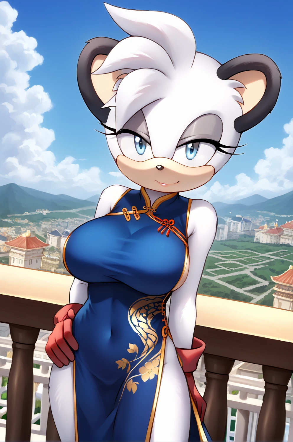 Barbie the koala form sonic the hedgehog (series), (white body/fur), (white hair), (backround:balcony), (detailed backround), (masterpiece), (high details), (facing the viewer:1.3), (looking at the viewer:1.3), (light blue eyes), (large breasts:1.2), chinese dress, (black ears), furry female, (red gloves:1.2),