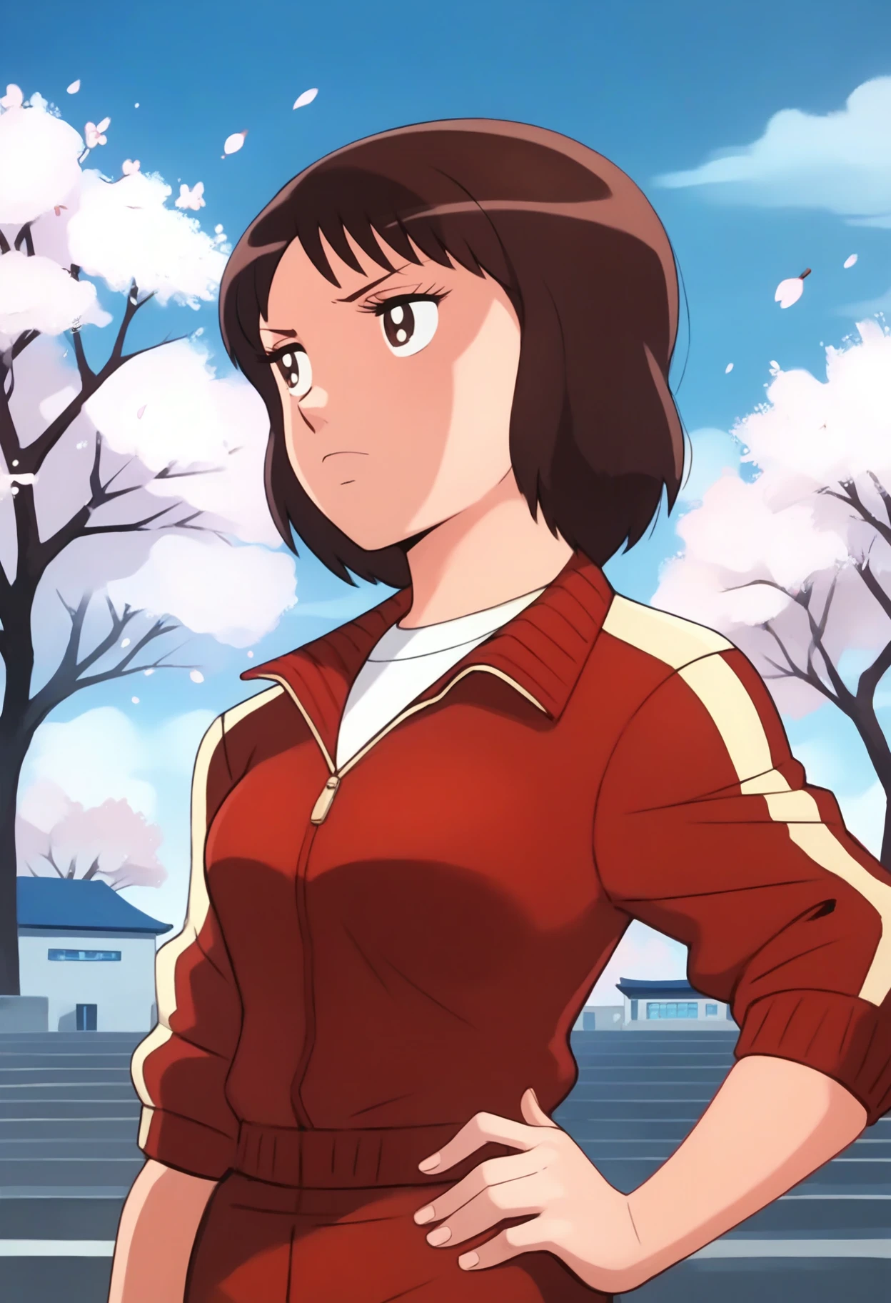 score_9, score_8_up, score_7_up, score_6_up, <lora:CPTTSanae:0.9>, CPTTSanae, brown hair, brown eyes, short hair,
red jacket, track jacket, track suit, track pants,
looking away, serious, upper body, hand on own hip,
BREAK, school, outdoors, blue sky, cherry blossoms, building,