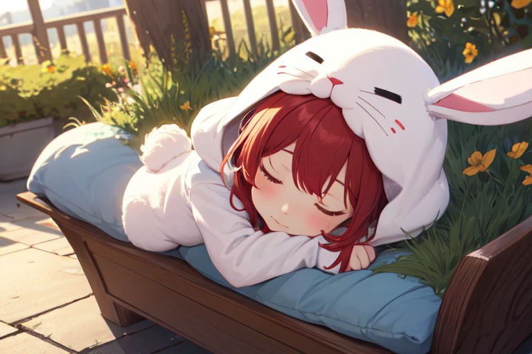 rabbit costume, sleeping, red hair, <lora:a7deb1d3-3085-4c36-b08e-1eba7b91755b:0.7>