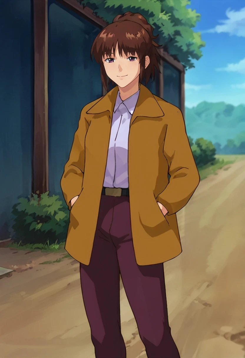 score_9,score_8_up,score_7_up,anime coloring BREAK source_anime,anime,<lora:ayase_terada_S-CRY-ed:0.8>,ayaset,1girl,solo,brown hair,ponytail,collared shirt,yellow jacket,belt,purple pants,smile,standing,hands in pockets,outdoors,sky,looking at viewer,