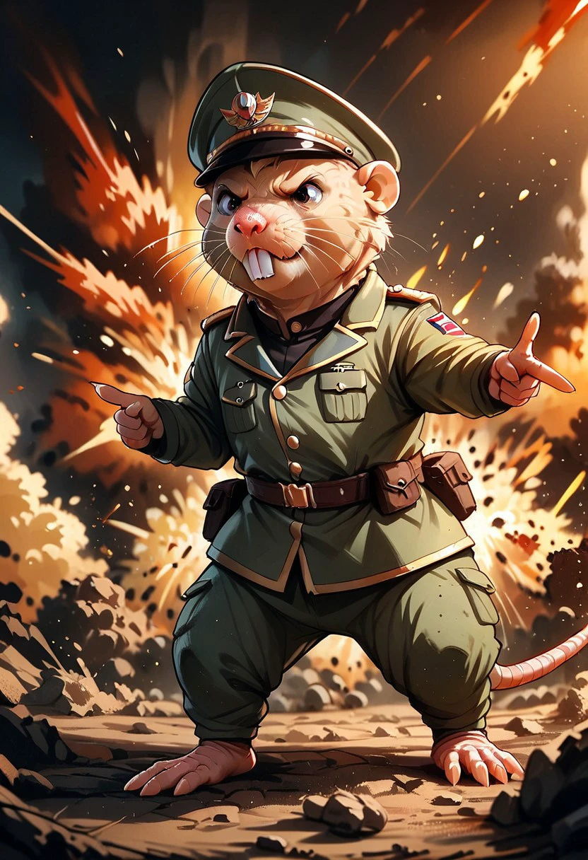 score_9, score_8_up, score_7_up, score_6_up, score_5_up, score_4_up, m0l3r4t, 1boy, rodent, military outfit, military hat, holding weapon, war background, explosion, pointing