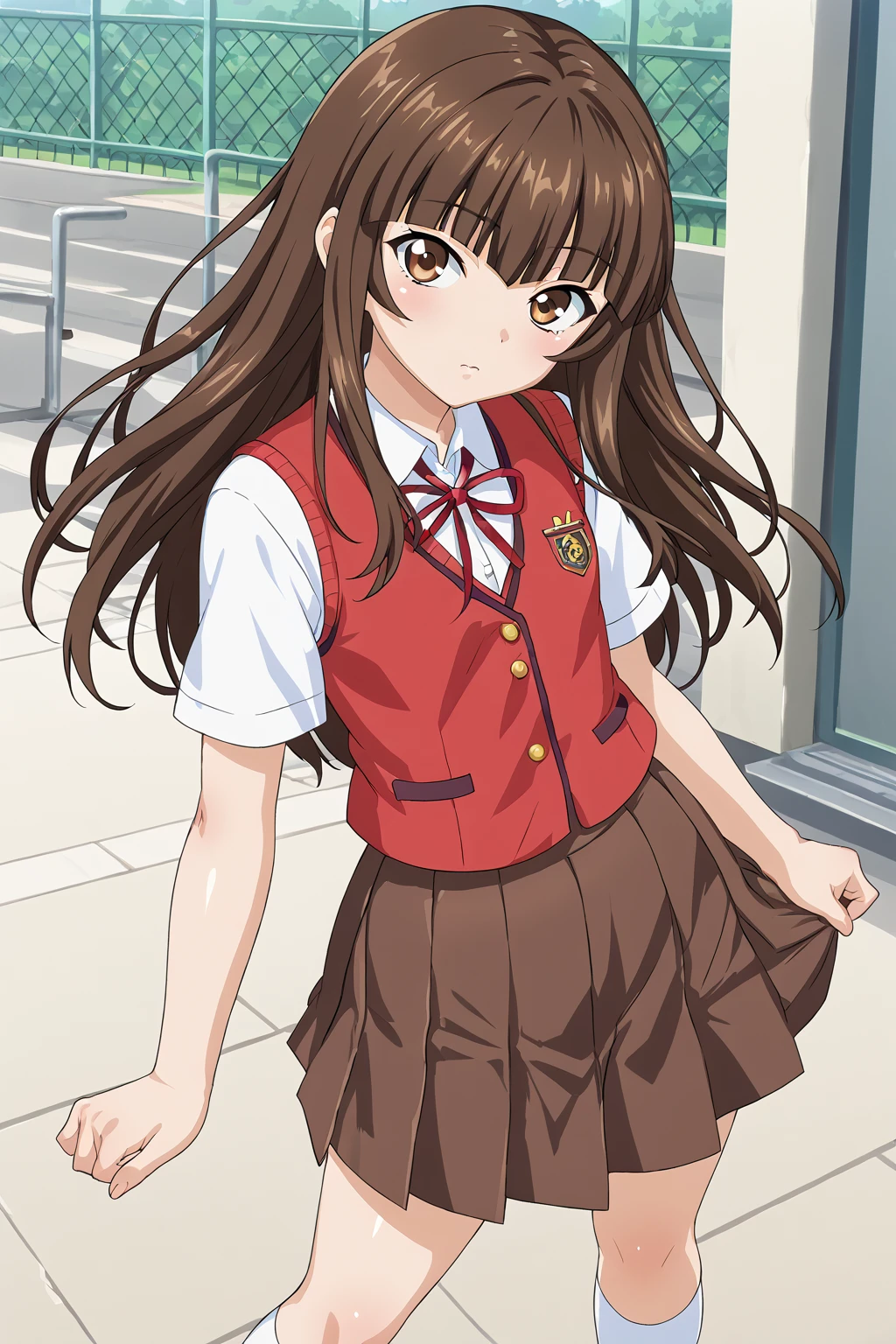 score_9, score_8_up, score_7_up, BREAK source_anime, masterpiece, anime screencap, shiny skin, 
1girl, ten'i, long hair, brown hair, bangs, brown eyes, <lora:teni_pony:1>
school uniform, red vest, western tie, pleated skirt, brown skirt, white socks, loafers, 
standing, looking at view,