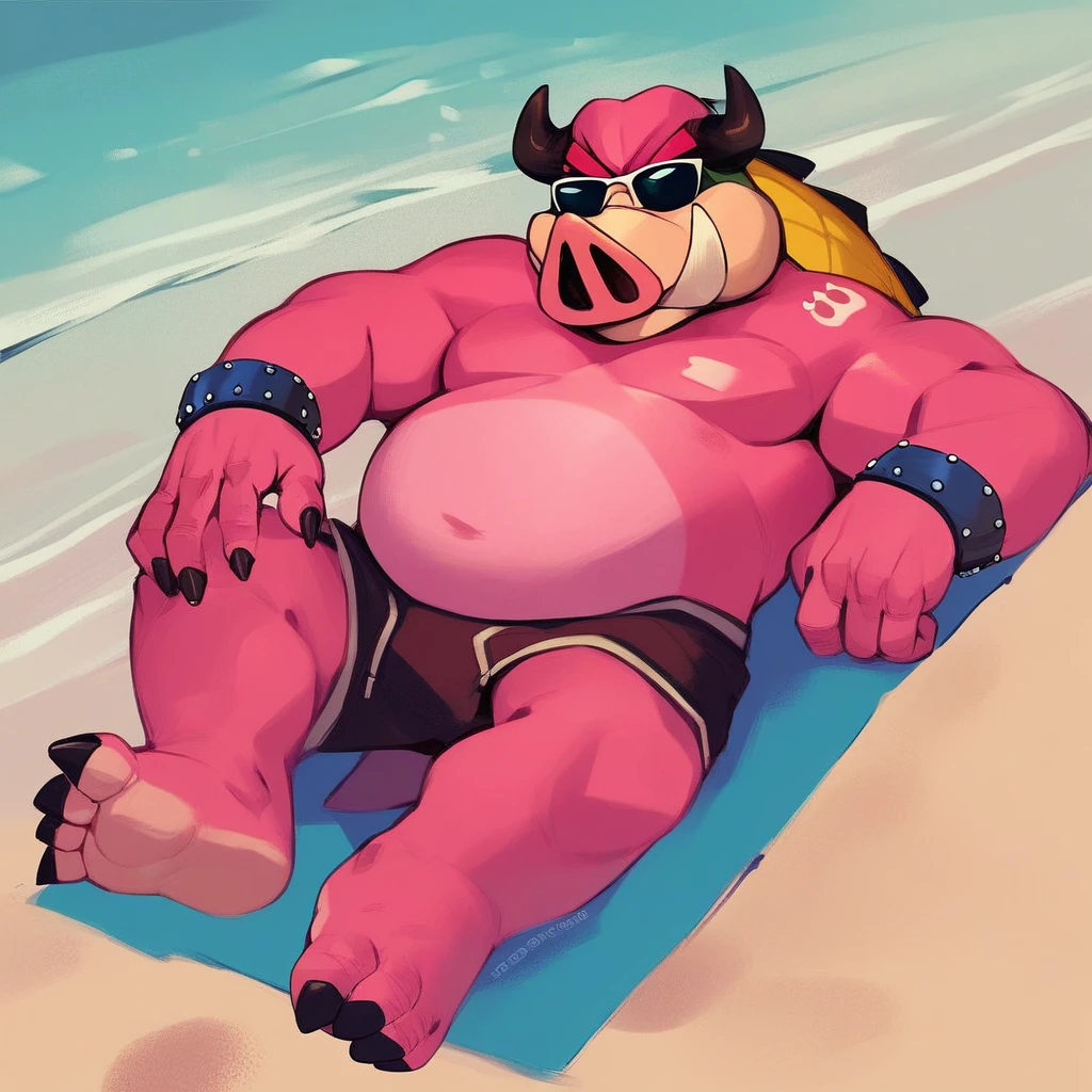 score_9, score_8_up, score_7_up, score_6_up, score_5_up, score_4_up, midbus, pig, pangolin, horns, pink skin, yellow scaly back, spikes, outside, beach background, beach scenery, water, relaxing, laying down, looking at viewer, sunglasses, barefoot,