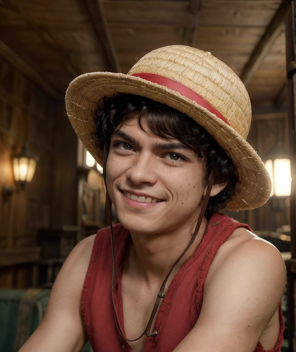 cinematic photo  <lora:quiron_inakigodoyluffy_v010330_Lora:0.87> inakigodoyLuffyQuiron, black hair, hat, realistic, straw hat, solo, male focus, 1boy, looking at viewer, black eyes,   grin , smiling  , teeth ,  red shirt , photorealistic, best quality, ,  vivid colors, high quality, masterpiece, best quality . 35mm photograph, film, bokeh, professional, 4k, highly detailed