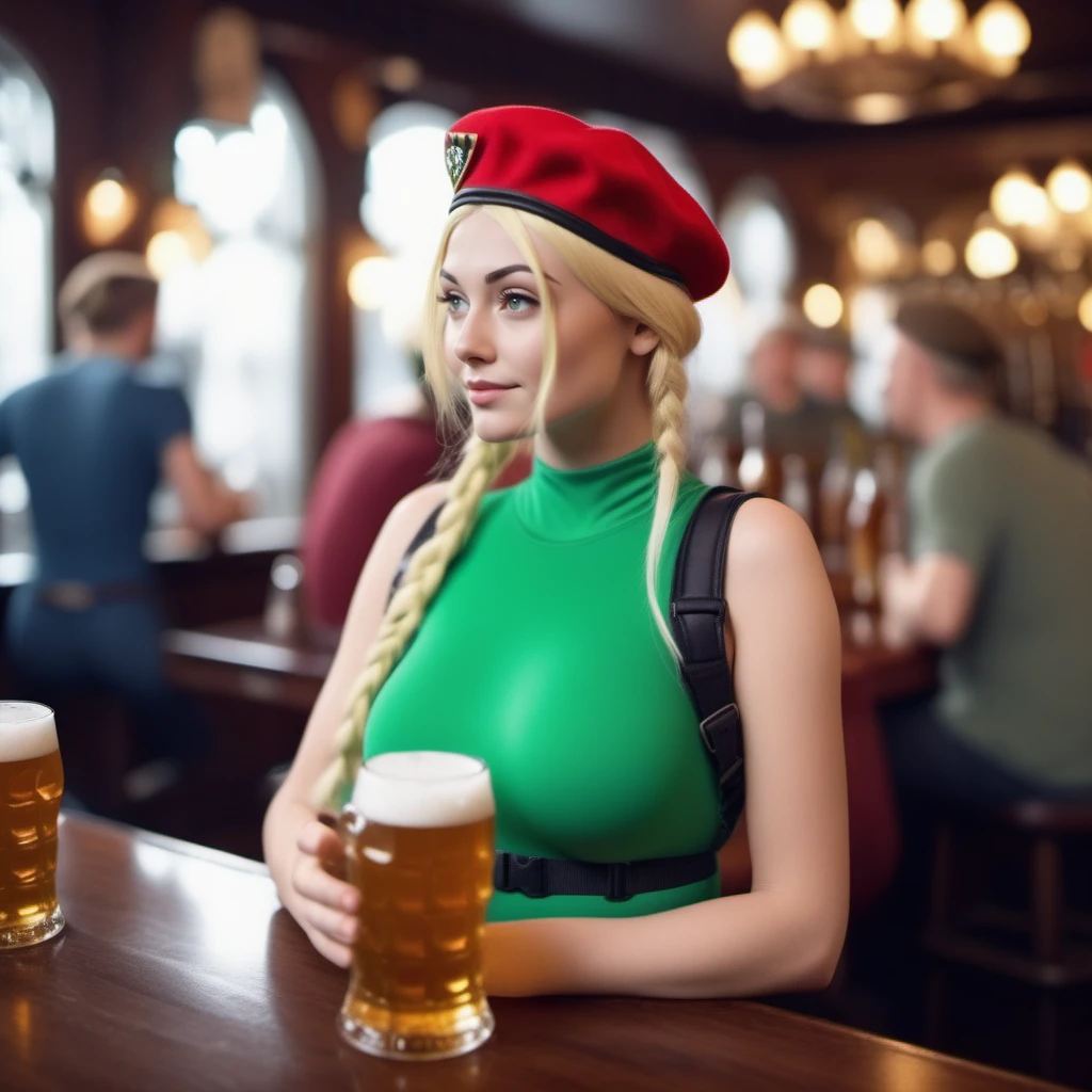 cinematic photo 1girl, green leotard, blond hair, beret, having a beer in a pub <lora:CammyWhite1024:0.8> . 35mm photograph, film, bokeh, professional, 4k, highly detailed