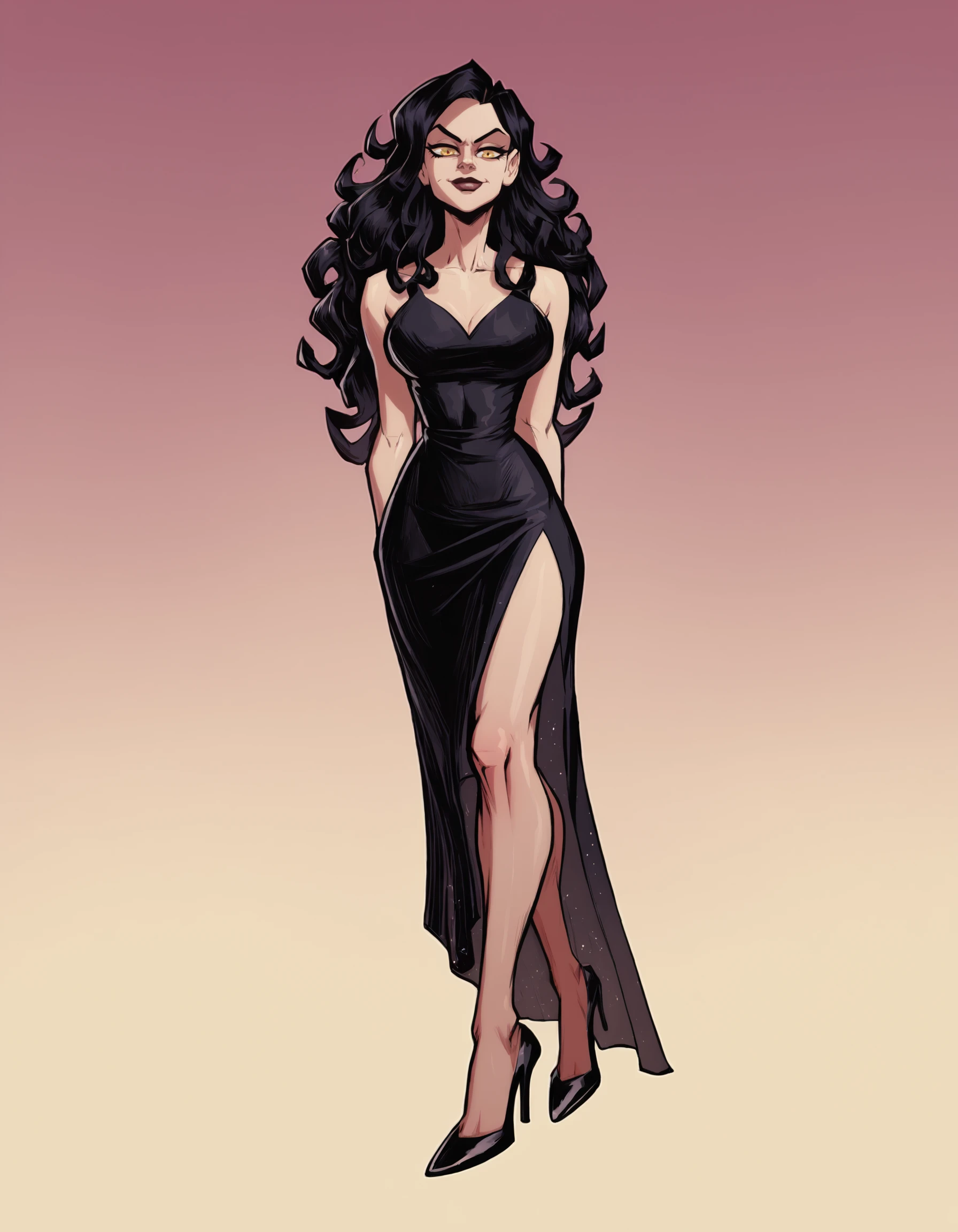 score_9, score_8_up, score_7_up,
fontezxl, looking at viewer,gradient background, 
curly hair, long hair, black hair, yellow eyes, sneer, cocktail dress, black dress,high heels, 
<lora:fontezxl2:1>,