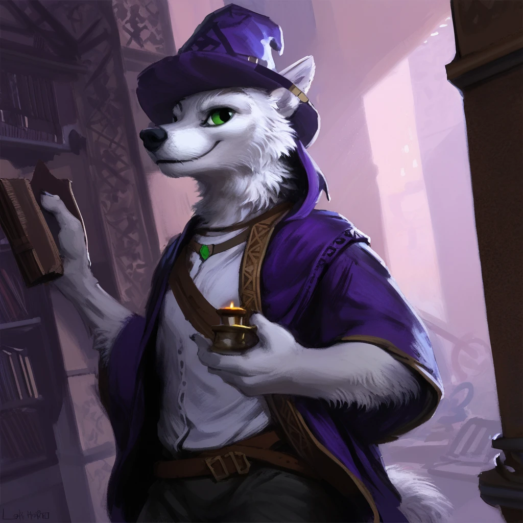 anthro, male, wolf, (white fur:1.4), monotone fur, purple wizard hat, purple wizard robe, green eyes, looking at viewer, sexy pose, detailed background, amazing_background, magical library, clothed, hi_res, masterpiece, dramatic lighting, magic user, vibrant colors