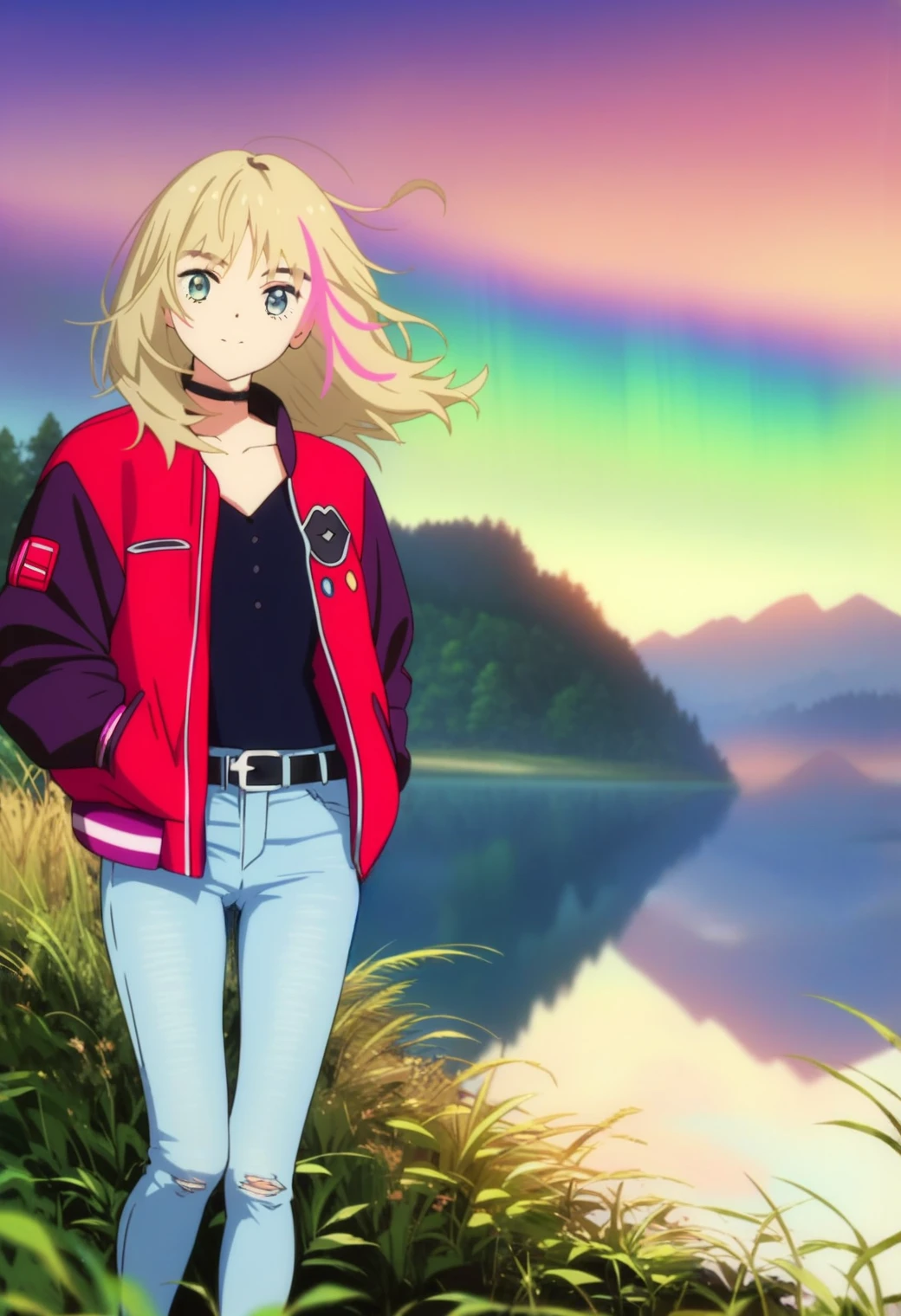 <lora:kawai_rika_ponyxl_lora_v7:1>, kawai rika, blonde hair, pink streak,
letterman jacket, red jacket, purple sleeves, open jacket, black choker, black shirt, jeans, black belt,
standing, floating hair, looking at viewer, feet out of frame, cowboy shot,
outdoors, aurora, mountain, tall grass, forest, cliff, lake,
score_9, score_8_up, score_7_up, score_6_up, anime coloring, high quality, detailed, beautiful, shiny, outstanding, countershading, detailed soft lighting