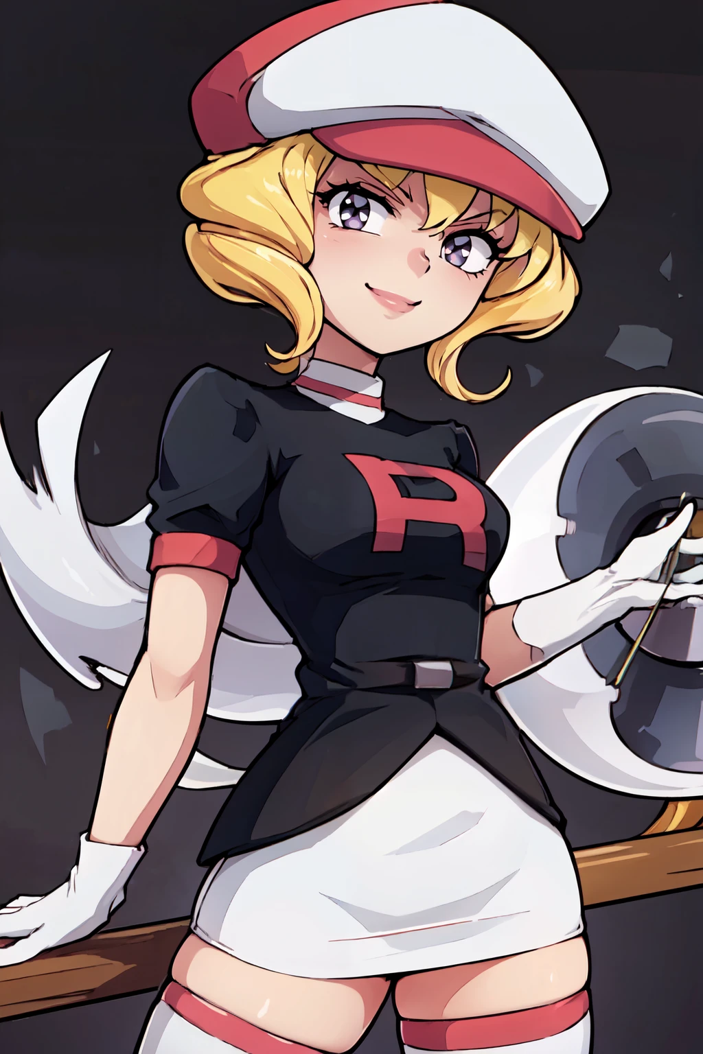 ((masterpiece,best quality)), absurdres,  BREAK, , <lora:Domino_Pokemon:0.8>, zzDomino, purple eyes, blonde hair, drill hair, team rocket, white hat, black shirt, white skirt, white gloves, white thighhighs, , BREAK, side view, hip to the side, contrapposto,, BREAK, solo, smile, looking at viewer, cowboy shot,