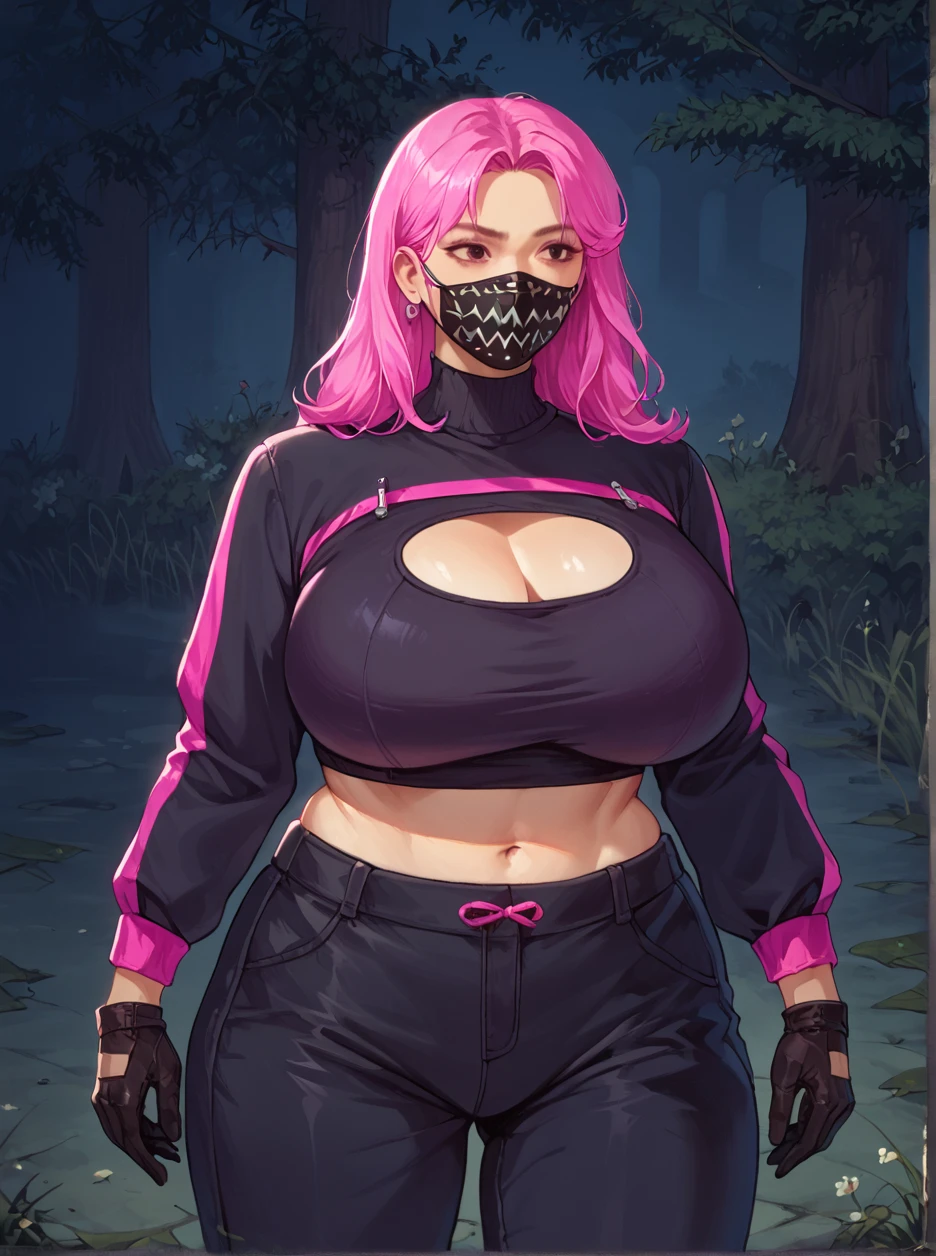 score_9, score_8_up, score_7_up, masterpiece,source_realisticm 1girl, asian, solo, black mask, navel, black gloves, pink hair, mouth mask, black top, black pants, clothing cutout,  thick body, mature, thick, gigantic breast, wide hips, <lora:HKHorrorXL:1>  <lora:sn0wStyle:1> <lora:Yui_Kimura_-_Dead_by_Daylight:1><lora:jumbovenus-XL-vp3-WT-R:1> upper body