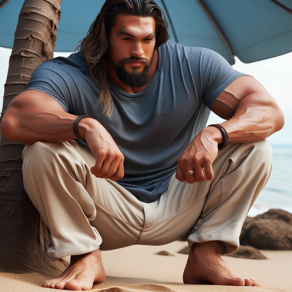 momoapny, score_9, score_8_up, score_7_up,rating_explicit, solo, 1boy, mature, manly, masculine, macho, barefoot, BREAK, (close-up, portrait:1.4),sitting on the sand at the beach, under an umbrella, tshirt, baggy pants, (squatting:1.15), long hair,