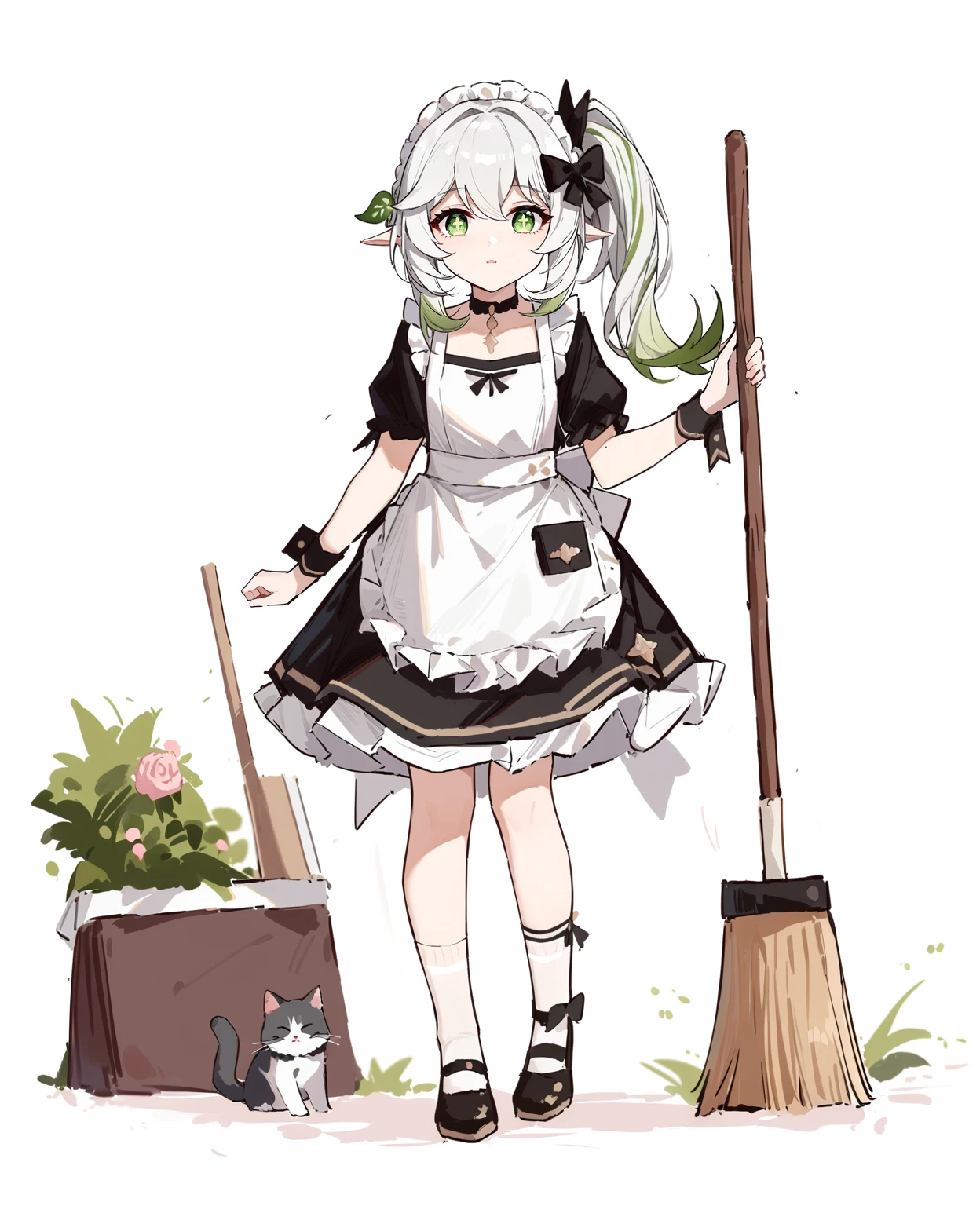 anime character with a broom and a cat on a white background, anime girl in a maid costume, anime cat girl in a maid costume, maid outfit, gorgeous maid, a maid in a magical forest, loli in dress, cute anime waifu in a nice dress, maid dress, splash art anime loli, zerochan art, clean anime art, maid,