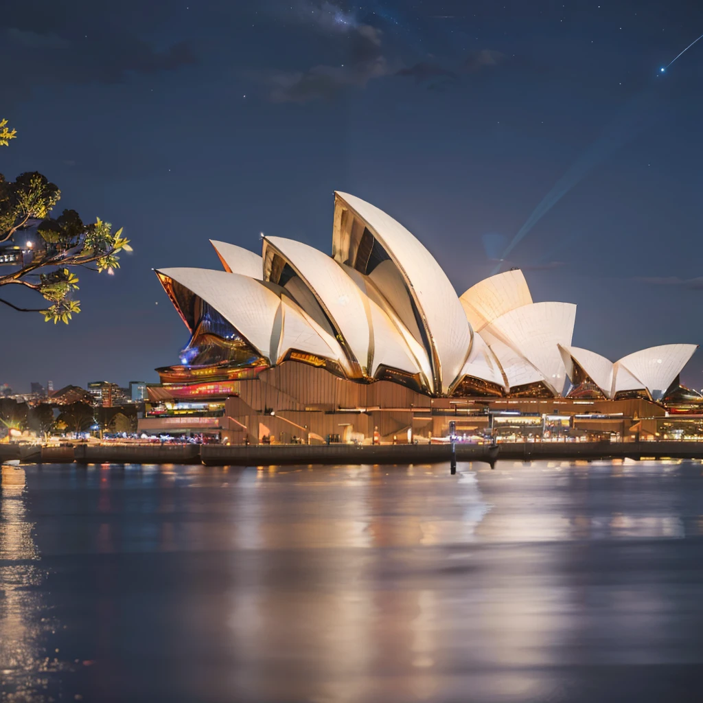 ((masterpiece,best quality)), absurdres,  BREAK,    <lora:Sydney_Opera_House:0.8>, high resolution, highly detailed,  Sydney Opera House, sky, water, tree, night, night sky, reflection, city, cityscape,