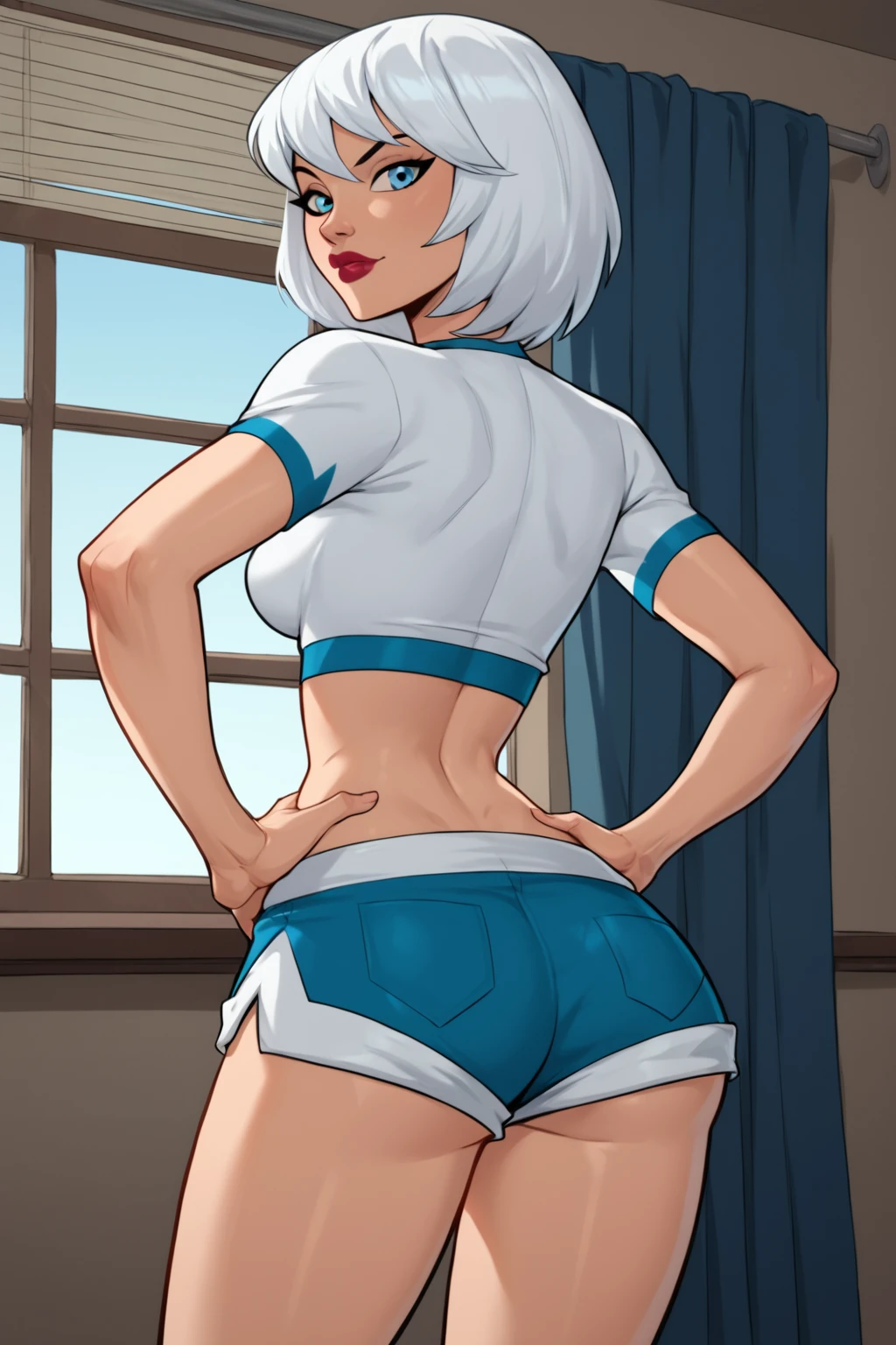 PonyXLV6_Scores BREAK (perfect anatomy, perfect eyes, absurd resolution, (cowboy shot:1)) <lora:add-detail-xl:1>, <lora:add_details_xl:0.8> BREAK <lora:Ice:0.6> tora olafsdotter, white hair, short hair, blue eyes, flirting, raised eyebrow, ((looking back at viewer)), lipstick, white shirt, crop top, cleavage, midriff, shorts, athletic, curvy, sexually suggestive pose, standing, hands on hip, indoors