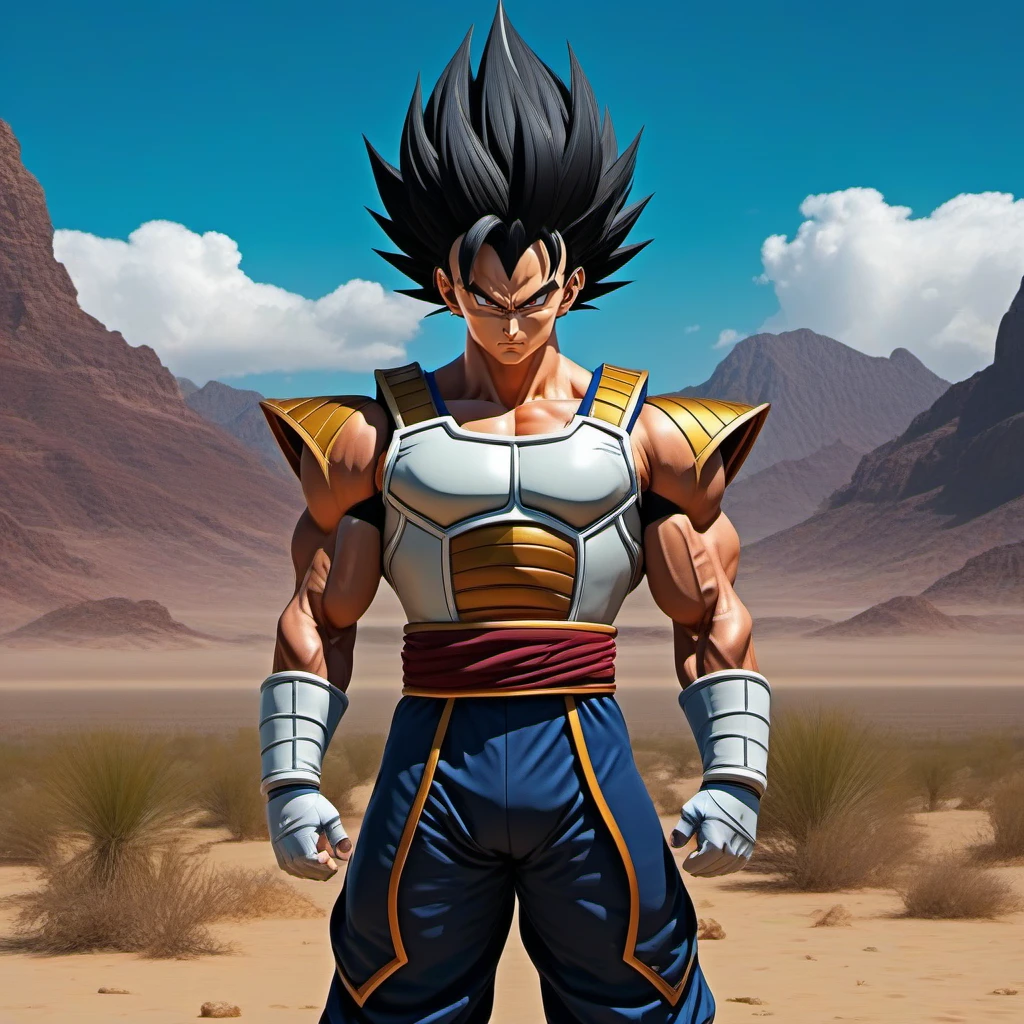 anime artwork full body portrait of a muscular man, black spiked hair, saiyan armor, solo, in the desert<lora:Vegeta1024:0.8>  . anime style, key visual, vibrant, studio anime,  highly detailed