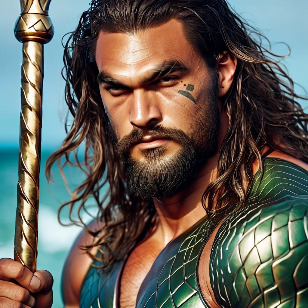 momoapny, score_9, score_8_up, score_7_up, score_6_up, score_5_up, score_4_up, manly, masculine, macho, portrait, close-up, yellow and green spandex aquaman armor, tattoo, holding a gold trident, in the middle of the ocean