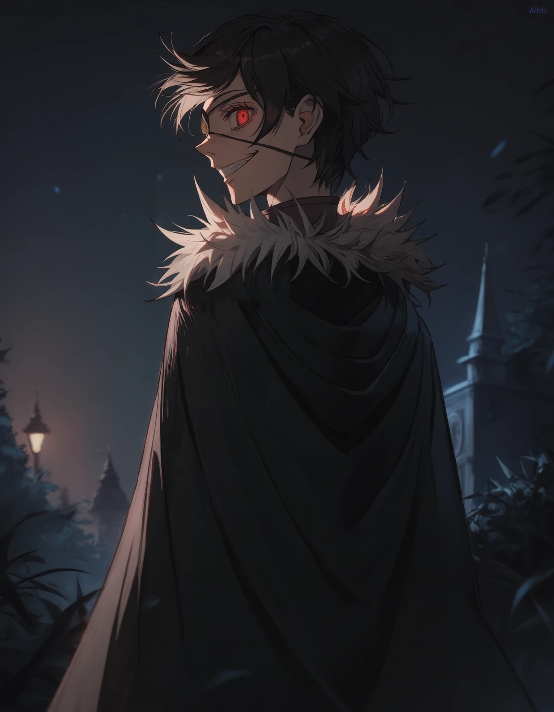 young man ,Male Dark, dark Woods, cold red colors, man brown hair with red eye, Warlock dnd , ghoul body