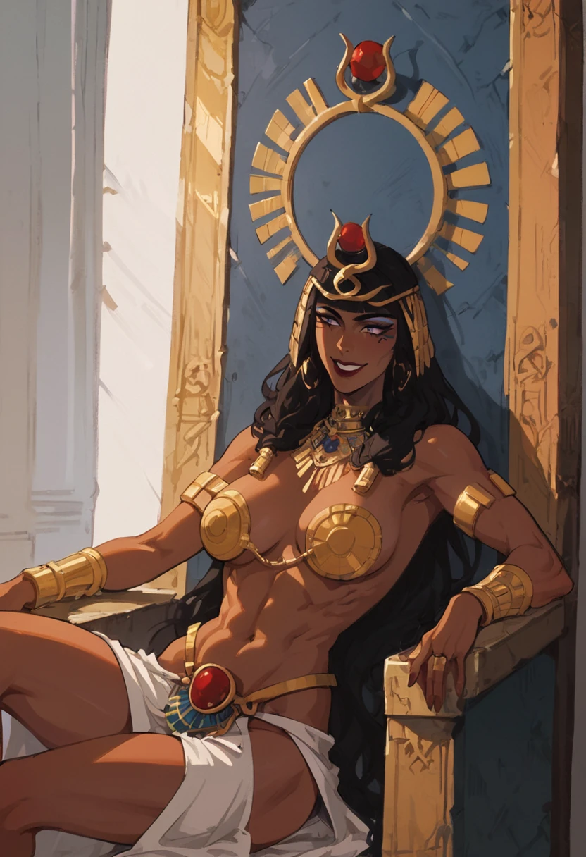 embedding:Pony\Positive\zPDXL2, score_9, score_8_up, score_7_up, 1girl, solo, ennead_ra, dark skin, very long hair, black hair, crown, jewelry, golden usekh, armlets, large breasts, breasts cover, chain, bracelets, belt, white loincloth, sitting on the throne, chin on hand, smiling, ancient Egyptian, deity aura, vfx