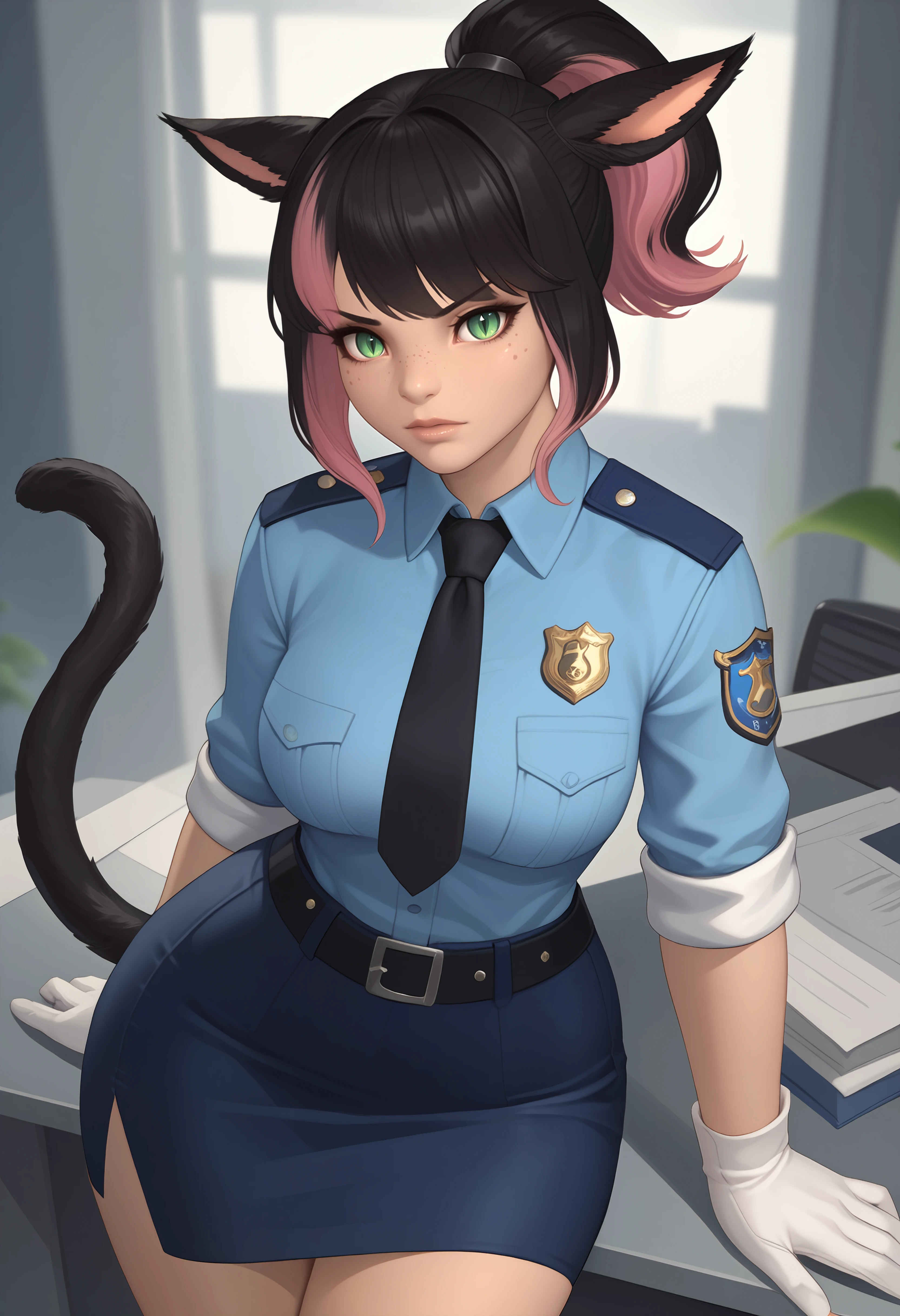 score_9, score_8_up, score_7_up BREAK <lora:clamXIVMC_v20:1> xivmc, animal ears, two-tone hair, ponytail, green eyes, slit pupils, freckles, tail, police uniform, blue shirt, black necktie, badge, sleeves rolled up, white gloves, blue skirt, pencil skirt, looking at viewer, office