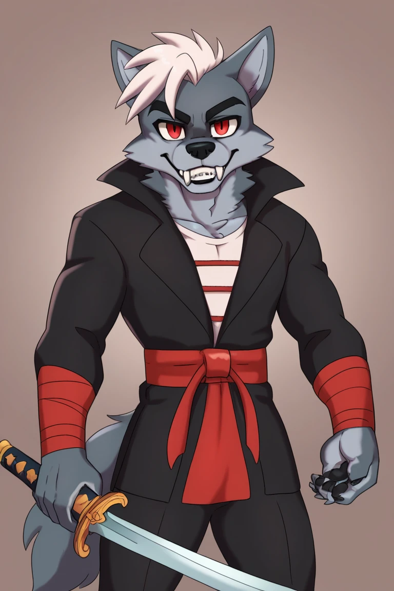 score_9, score_8, score_7, score_6, daigaijinDigitalStyle, anthro, black nose, canid, canine, canis, clothed, clothing, daigaijin, fangs, fur, grey body, grey fur, hair, hi res, looking at viewer, male, mammal, melee weapon, red eyes, solo, sword, teeth, vampire, weapon, white hair, wolf