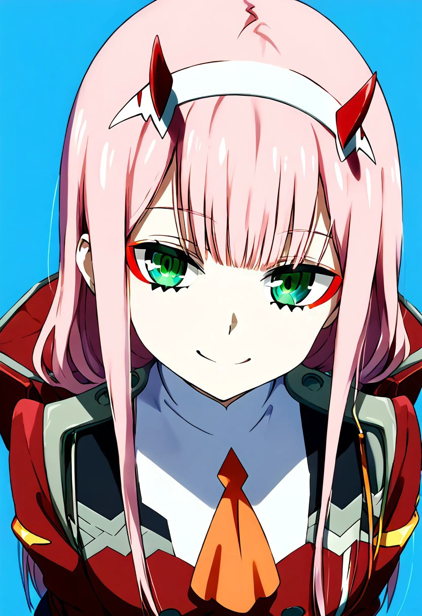 eye catching, zero two, (green eyes:1.5), hairband, horns, long hair, pink hair, red horns, white hairband, 
zero two, (green eyes:1.5), zero two \(darling in the franxx\), darling in the franxx, 1girl, ascot, bangs, blue background, green eyes, hairband, horns, long hair, long sleeves, looking at viewer, red jacket, closed jacket, military uniform, oni horns, orange ascot, pink hair, red horns, simple background, smile, solo, standing, uniform, white hairband, ((masterpiece)),