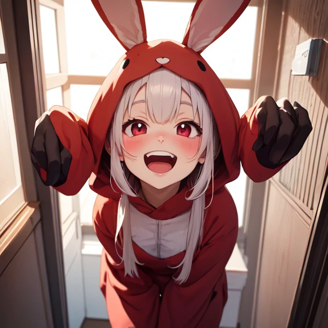 rabbit costume, red eyes, pov, looking at viewer, blush, smile, open mouth, upper teeth only, <lora:a7deb1d3-3085-4c36-b08e-1eba7b91755b:0.7>