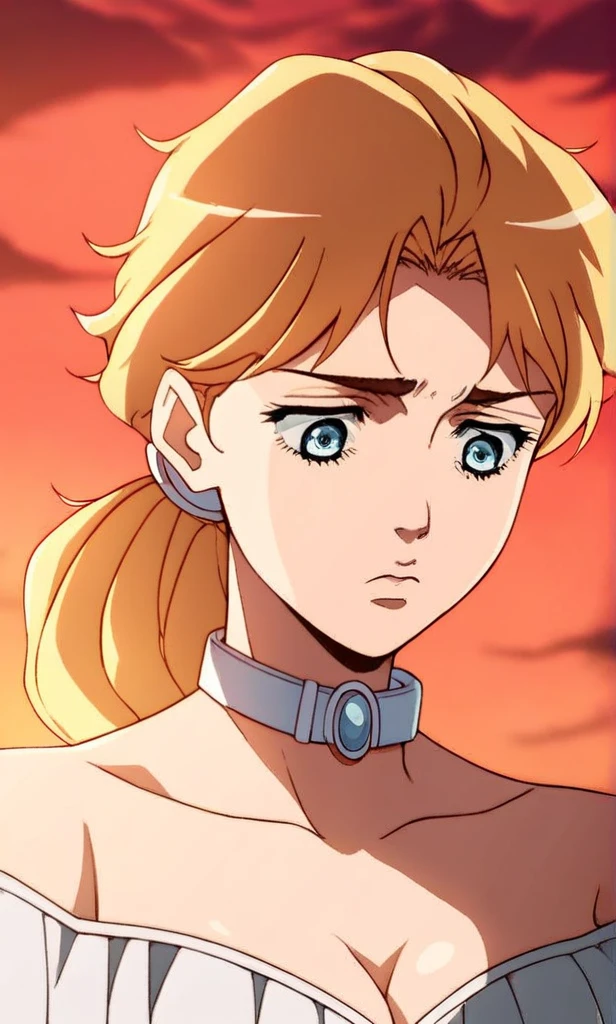 j0j0, score_8_up, score_7_up, source_manga, rating_questionable, <lora:j0j0XLP:0.4>, er1n4a, girl, blonde hair, messy hair, ponytail, blue eyes, sad expression, looking down, jewelled choker, ruffles, cleavage, close up, outdoors, evening sunset countryside, <lora:JoJos_Bizarre_Adventure_Erina_Pendleton_-_Pony:0.8>