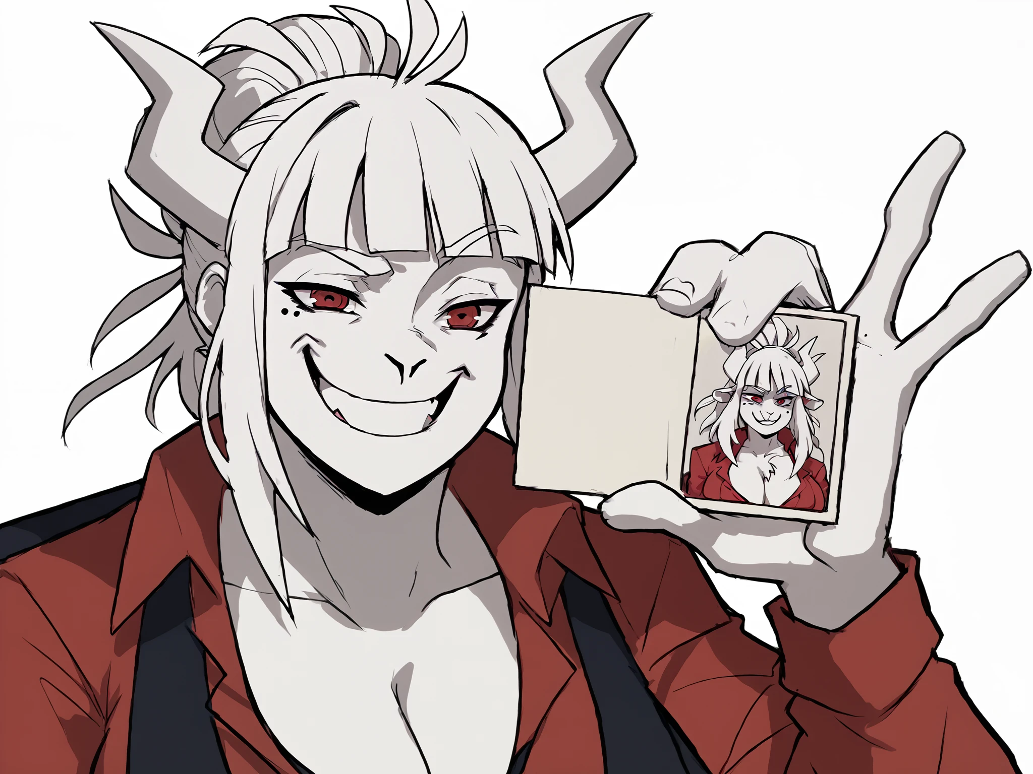 score_9, score_8_up, score_7_up, score_6_up, score_5_up, score_4_up, simple background, white background BREAK
<lora:KronkPermit-000006:1> holding permit, grin, goat lucifer \(helltaker\), anthro, white body, white fur, white hair, long hair, white horns, red eyes, mole under eye, red shirt, cleavage, big breasts